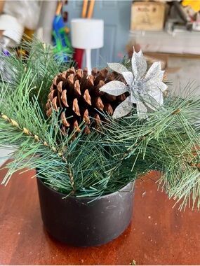 10" Holiday Pine Cone Arrangement with Silver Poinsettia in ceramic pot GUC